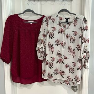Lauren Conrad & Rue 21 Women 3/4 Sleeve Blouse Sz L Set White Floral Maroon Dot